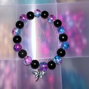 Purple, blue & black butterfly beaded bracelet